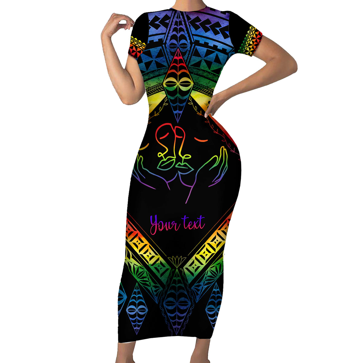Personalised Tonga LGBT Short Sleeve Bodycon Dress Love Is Love Ngatu Rainbow Water Color LT9 Long Dress Black - Polynesian Pride