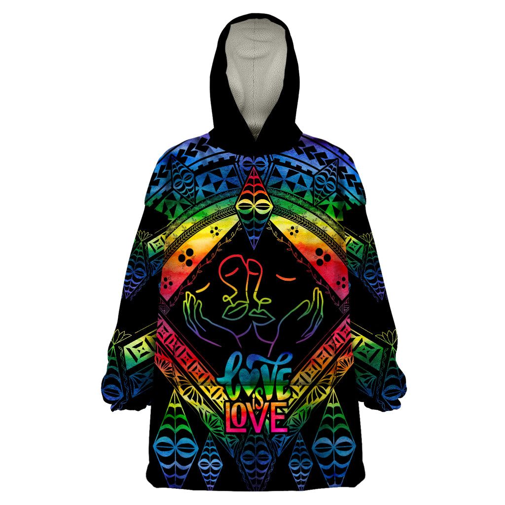 Personalised Tonga LGBT Wearable Blanket Hoodie Love Is Love Ngatu Rainbow Water Color LT9 One Size Black - Polynesian Pride