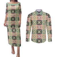 Seamless Pattern Maile and Pikake Lei Couples Matching Puletasi and Long Sleeve Button Shirt Squares Maile Leaf - Polynesian Pride