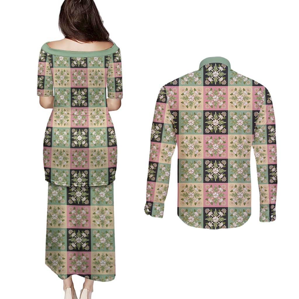 Seamless Pattern Maile and Pikake Lei Couples Matching Puletasi and Long Sleeve Button Shirt Squares Maile Leaf - Polynesian Pride