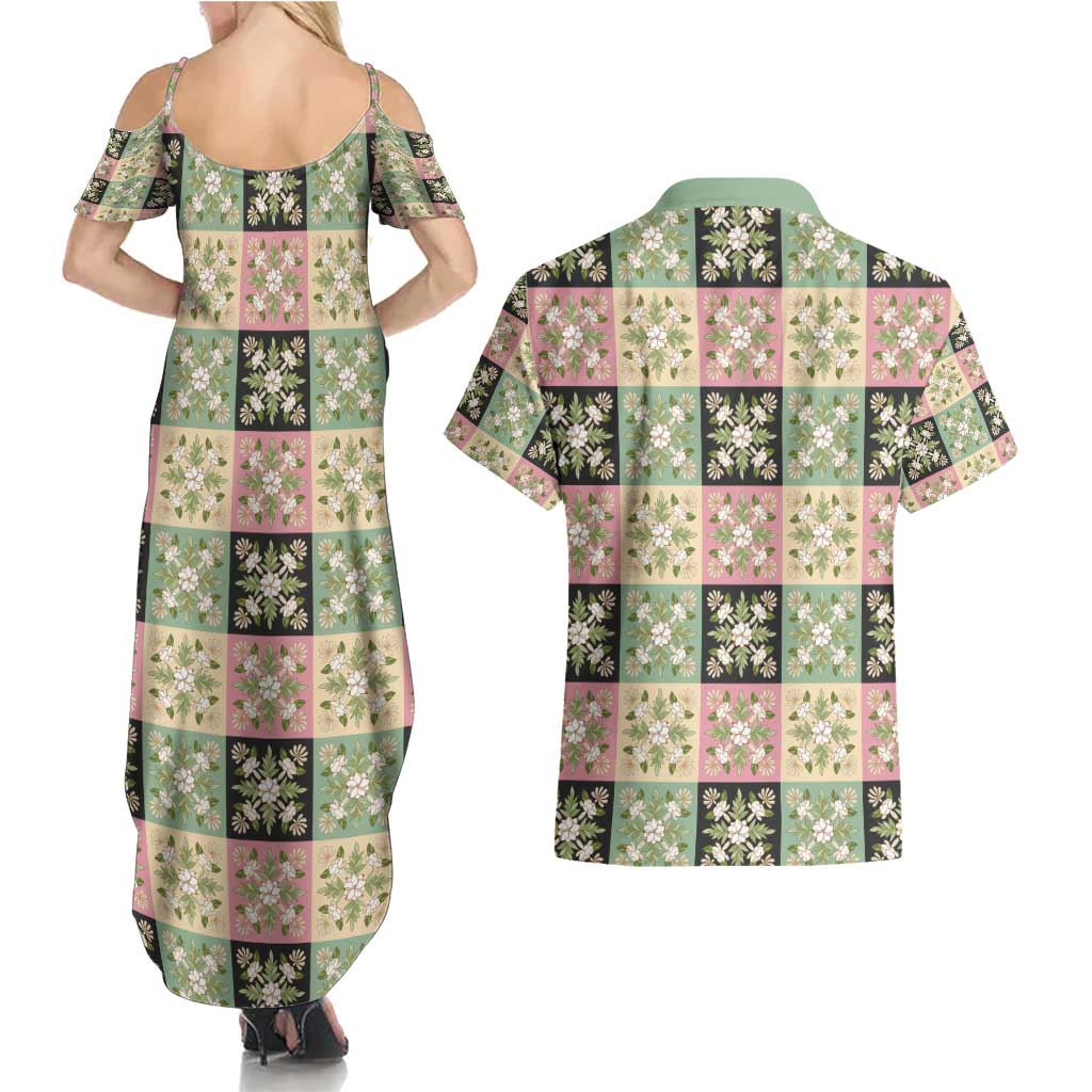 Seamless Pattern Maile and Pikake Lei Couples Matching Summer Maxi Dress and Hawaiian Shirt Squares Maile Leaf - Polynesian Pride