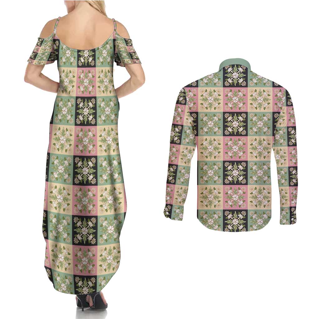 Seamless Pattern Maile and Pikake Lei Couples Matching Summer Maxi Dress and Long Sleeve Button Shirt Squares Maile Leaf - Polynesian Pride