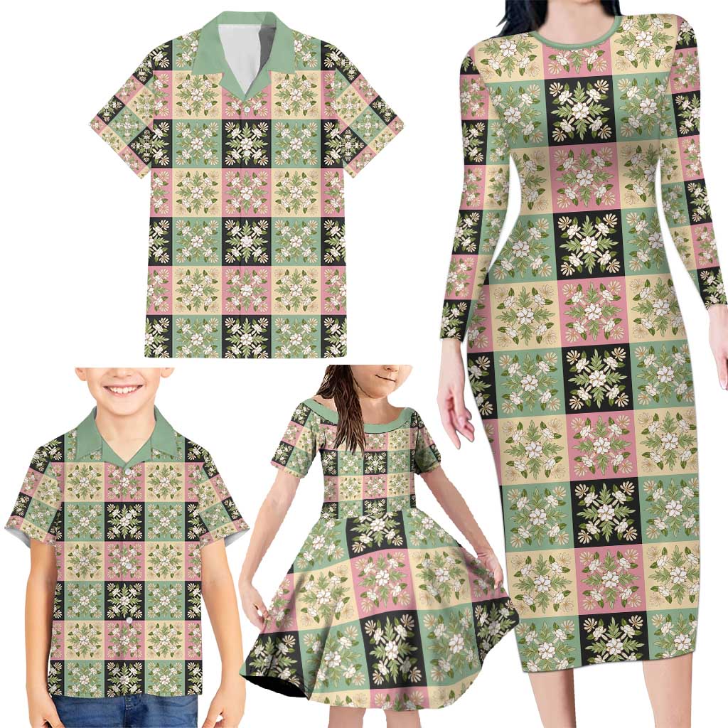 Seamless Pattern Maile and Pikake Lei Family Matching Long Sleeve Bodycon Dress and Hawaiian Shirt Squares Maile Leaf LT9 - Polynesian Pride