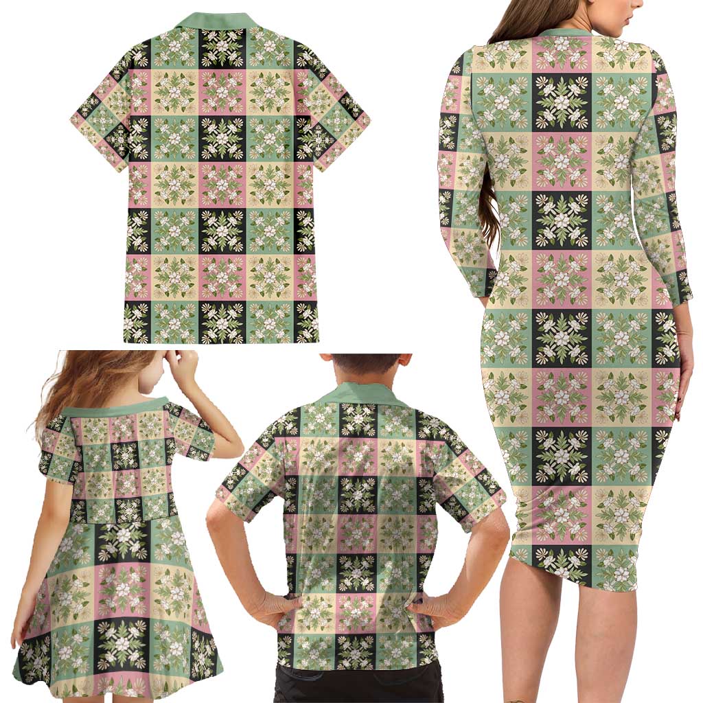 Seamless Pattern Maile and Pikake Lei Family Matching Long Sleeve Bodycon Dress and Hawaiian Shirt Squares Maile Leaf LT9 - Polynesian Pride