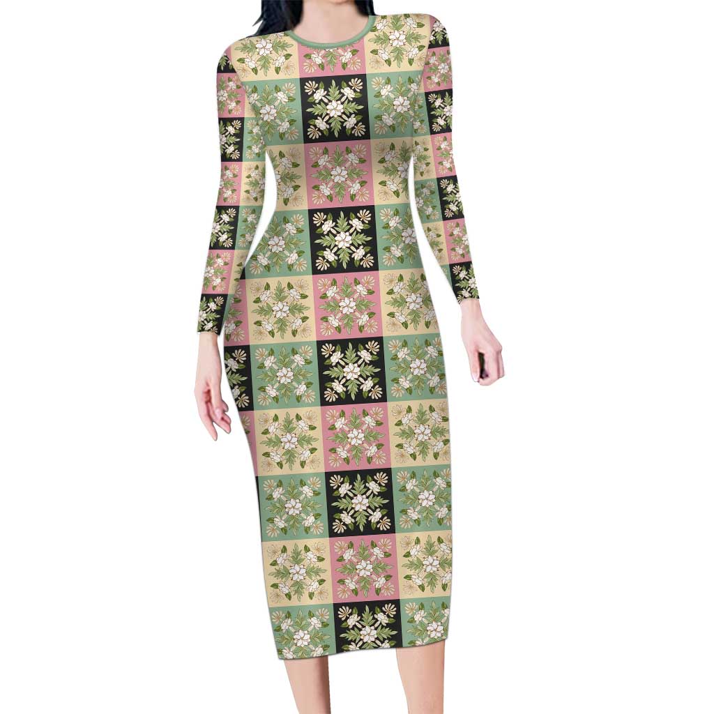 Seamless Pattern Maile and Pikake Lei Family Matching Long Sleeve Bodycon Dress and Hawaiian Shirt Squares Maile Leaf LT9 Mom's Dress Green - Polynesian Pride