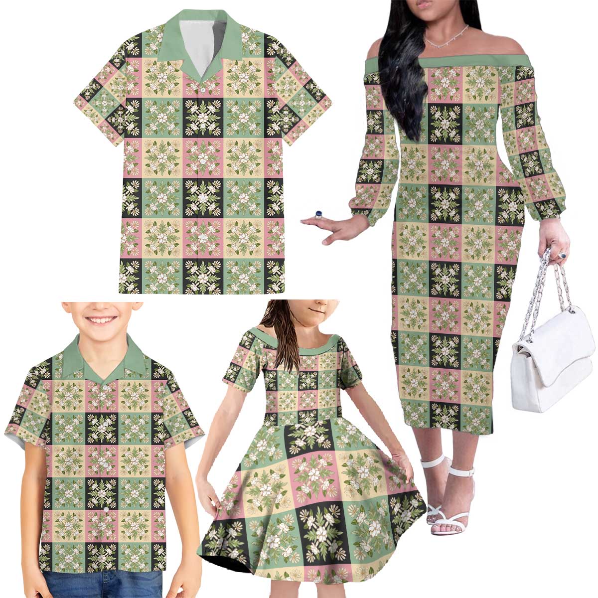 Seamless Pattern Maile and Pikake Lei Family Matching Off The Shoulder Long Sleeve Dress and Hawaiian Shirt Squares Maile Leaf LT9 - Polynesian Pride