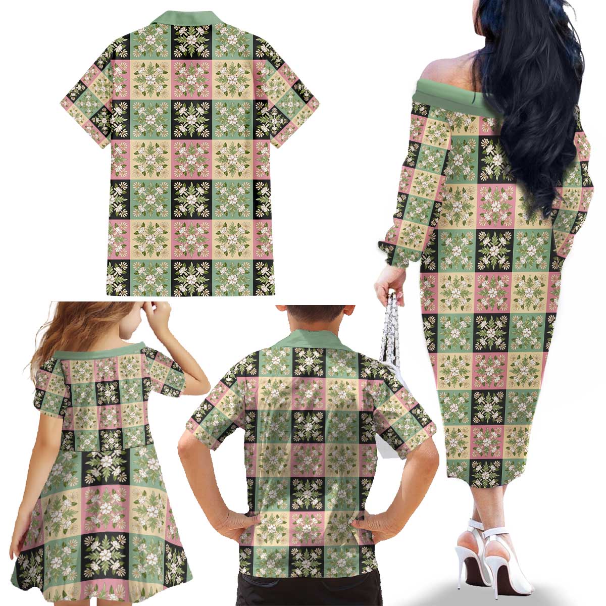 Seamless Pattern Maile and Pikake Lei Family Matching Off The Shoulder Long Sleeve Dress and Hawaiian Shirt Squares Maile Leaf LT9 - Polynesian Pride