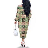 Seamless Pattern Maile and Pikake Lei Family Matching Off The Shoulder Long Sleeve Dress and Hawaiian Shirt Squares Maile Leaf LT9 - Polynesian Pride