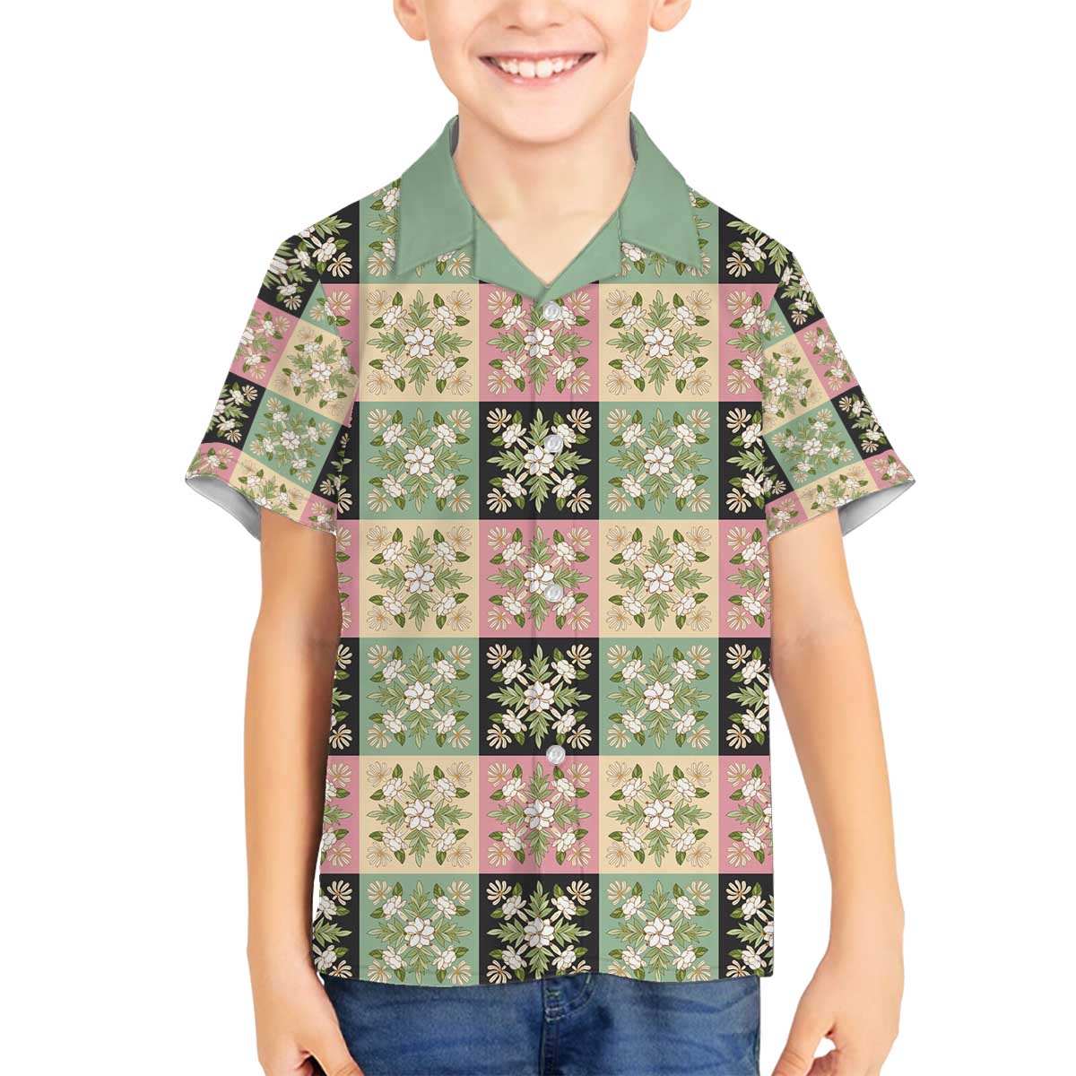 Seamless Pattern Maile and Pikake Lei Family Matching Off The Shoulder Long Sleeve Dress and Hawaiian Shirt Squares Maile Leaf LT9 Son's Shirt Green - Polynesian Pride