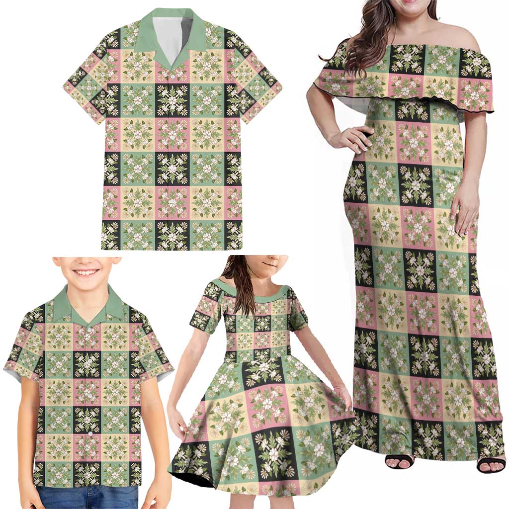 Seamless Pattern Maile and Pikake Lei Family Matching Off Shoulder Maxi Dress and Hawaiian Shirt Squares Maile Leaf LT9 - Polynesian Pride