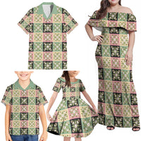 Seamless Pattern Maile and Pikake Lei Family Matching Off Shoulder Maxi Dress and Hawaiian Shirt Squares Maile Leaf LT9 - Polynesian Pride