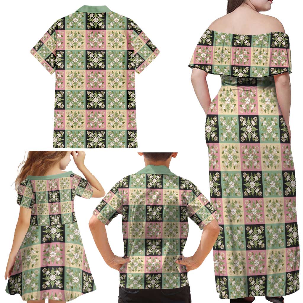 Seamless Pattern Maile and Pikake Lei Family Matching Off Shoulder Maxi Dress and Hawaiian Shirt Squares Maile Leaf LT9 - Polynesian Pride