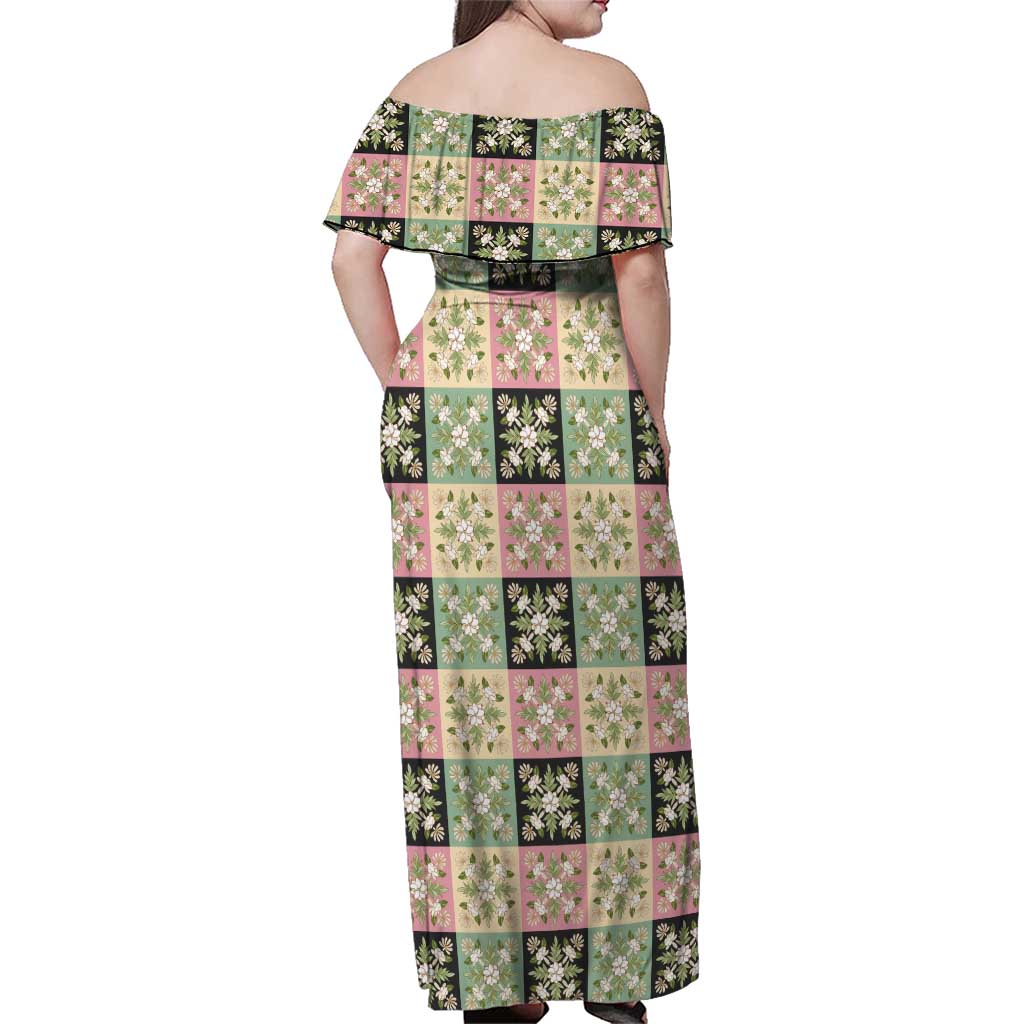 Seamless Pattern Maile and Pikake Lei Family Matching Off Shoulder Maxi Dress and Hawaiian Shirt Squares Maile Leaf LT9 - Polynesian Pride