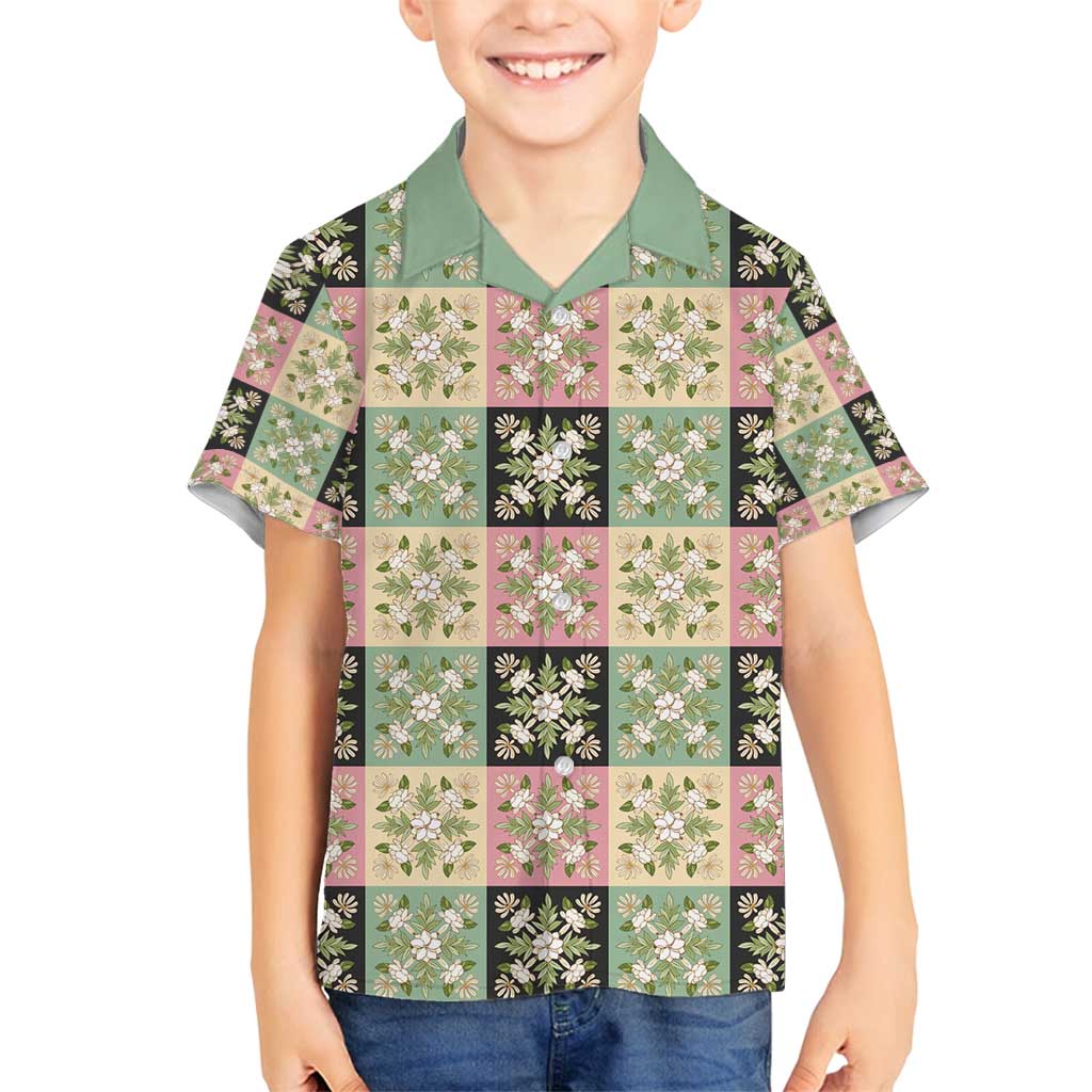 Seamless Pattern Maile and Pikake Lei Family Matching Off Shoulder Maxi Dress and Hawaiian Shirt Squares Maile Leaf LT9 Son's Shirt Green - Polynesian Pride
