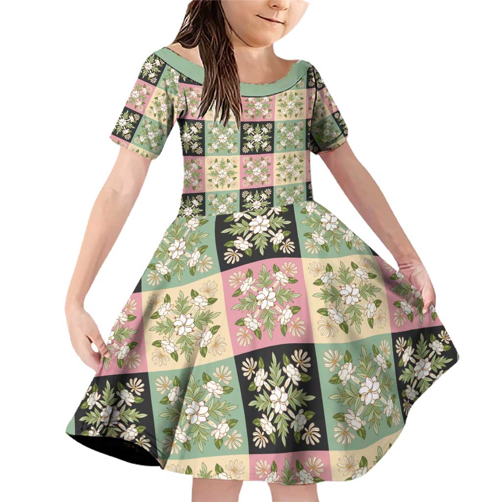 Seamless Pattern Maile and Pikake Lei Family Matching Off Shoulder Short Dress and Hawaiian Shirt Squares Maile Leaf LT9 Daughter's Dress Green - Polynesian Pride