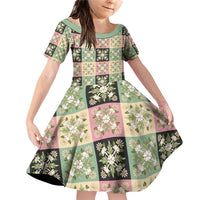Seamless Pattern Maile and Pikake Lei Family Matching Off Shoulder Short Dress and Hawaiian Shirt Squares Maile Leaf LT9 Daughter's Dress Green - Polynesian Pride