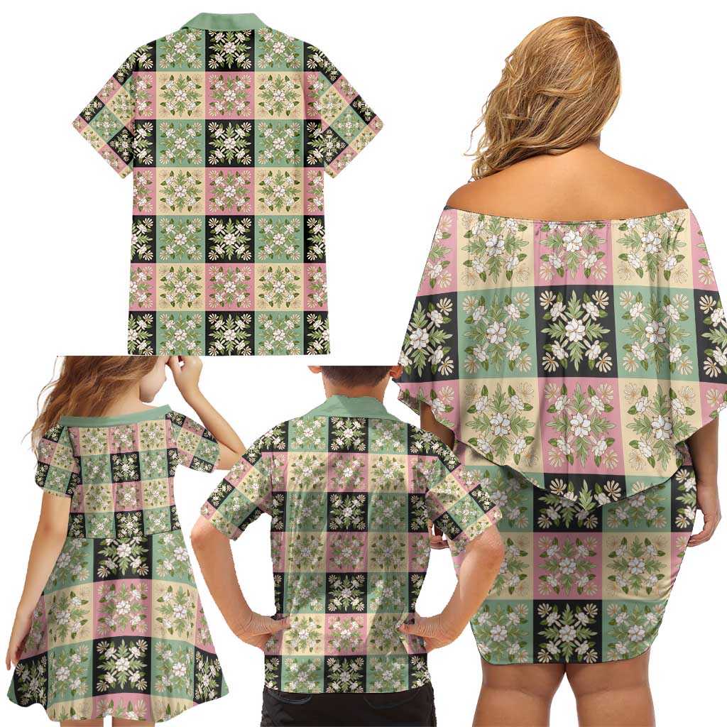 Seamless Pattern Maile and Pikake Lei Family Matching Off Shoulder Short Dress and Hawaiian Shirt Squares Maile Leaf LT9 - Polynesian Pride