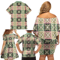 Seamless Pattern Maile and Pikake Lei Family Matching Off Shoulder Short Dress and Hawaiian Shirt Squares Maile Leaf LT9 - Polynesian Pride