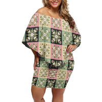 Seamless Pattern Maile and Pikake Lei Family Matching Off Shoulder Short Dress and Hawaiian Shirt Squares Maile Leaf LT9 Mom's Dress Green - Polynesian Pride