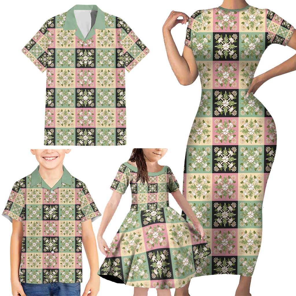 Seamless Pattern Maile and Pikake Lei Family Matching Short Sleeve Bodycon Dress and Hawaiian Shirt Squares Maile Leaf LT9 - Polynesian Pride