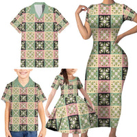 Seamless Pattern Maile and Pikake Lei Family Matching Short Sleeve Bodycon Dress and Hawaiian Shirt Squares Maile Leaf LT9 - Polynesian Pride