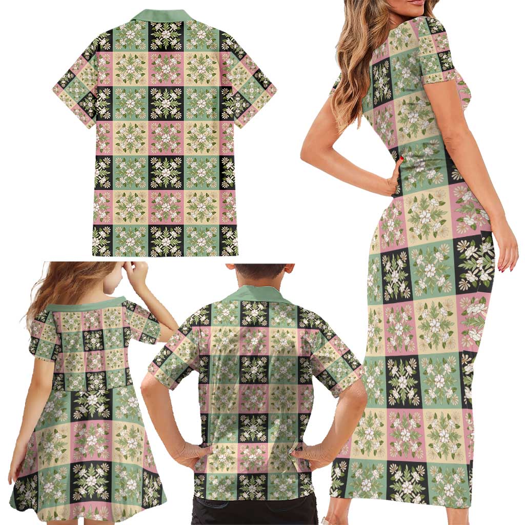 Seamless Pattern Maile and Pikake Lei Family Matching Short Sleeve Bodycon Dress and Hawaiian Shirt Squares Maile Leaf LT9 - Polynesian Pride