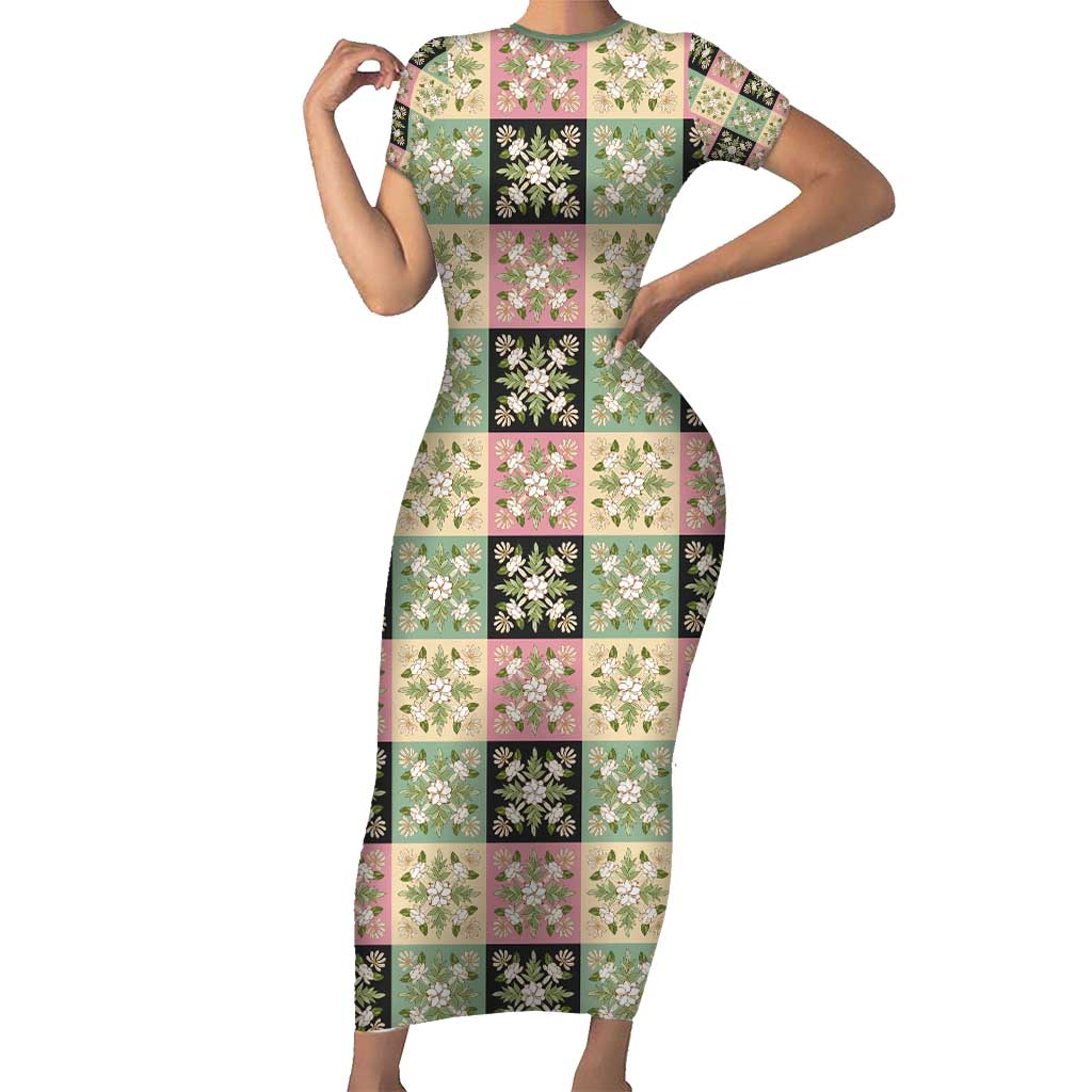 Seamless Pattern Maile and Pikake Lei Family Matching Short Sleeve Bodycon Dress and Hawaiian Shirt Squares Maile Leaf LT9 Mom's Dress Green - Polynesian Pride