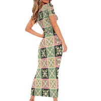 Seamless Pattern Maile and Pikake Lei Family Matching Short Sleeve Bodycon Dress and Hawaiian Shirt Squares Maile Leaf LT9 - Polynesian Pride