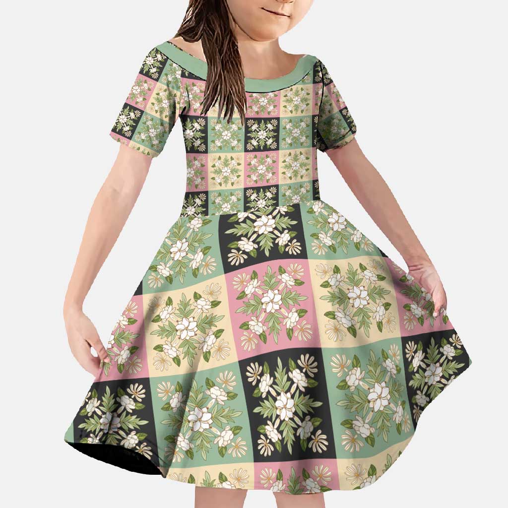 Seamless Pattern Maile and Pikake Lei Family Matching Summer Maxi Dress and Hawaiian Shirt Squares Maile Leaf LT9 Daughter's Dress Green - Polynesian Pride