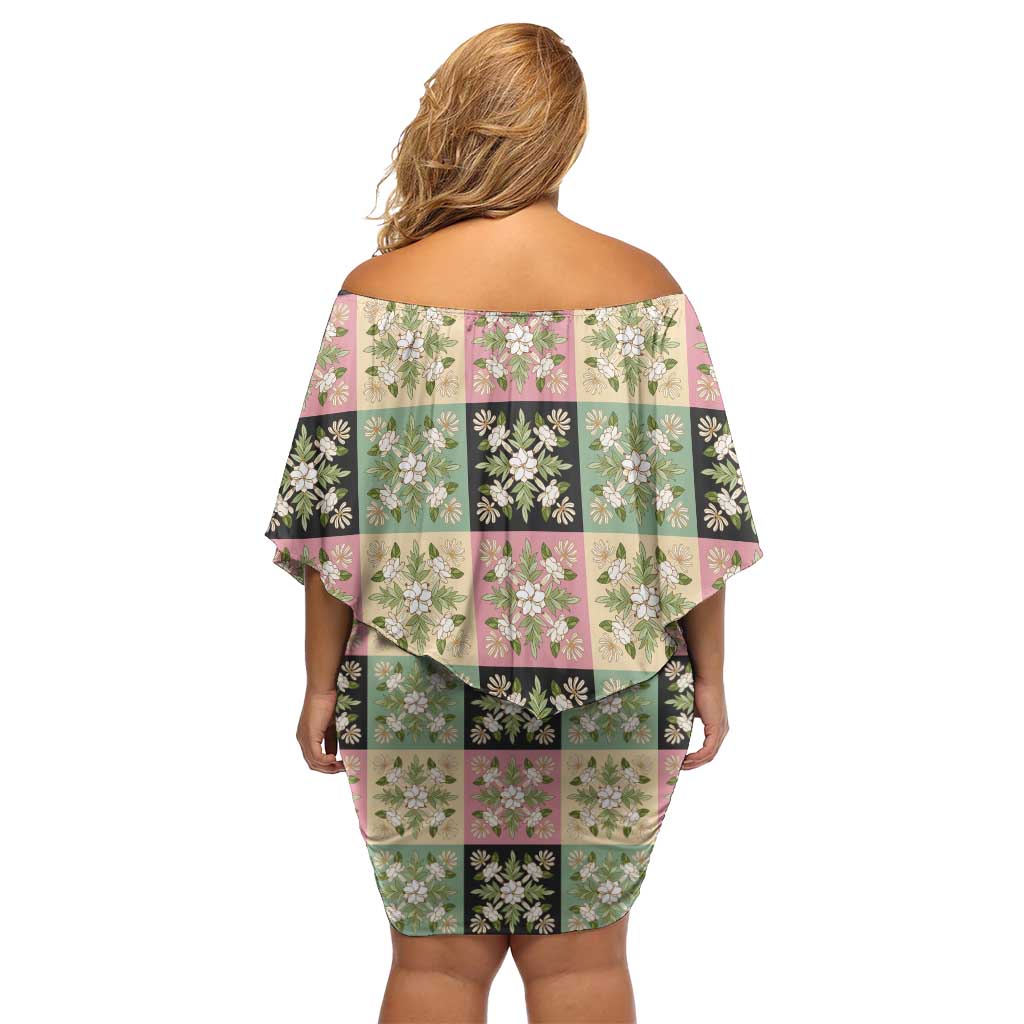 Seamless Pattern Maile and Pikake Lei Off Shoulder Short Dress Squares Maile Leaf - Polynesian Pride