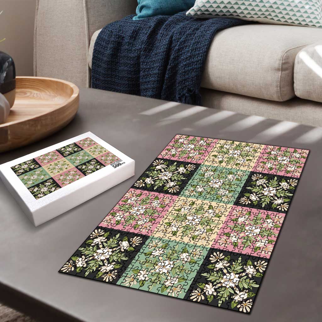 Seamless Pattern Maile and Pikake Lei Puzzle Squares Maile Leaf - Polynesian Pride