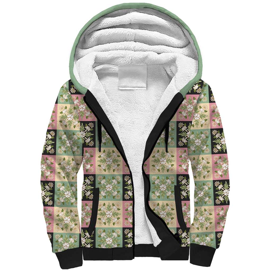 Seamless Pattern Maile and Pikake Lei Sherpa Hoodie Squares Maile Leaf - Polynesian Pride