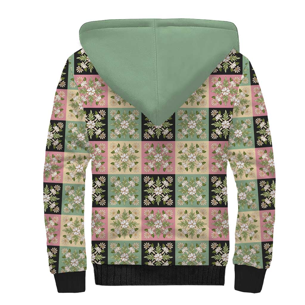 Seamless Pattern Maile and Pikake Lei Sherpa Hoodie Squares Maile Leaf - Polynesian Pride
