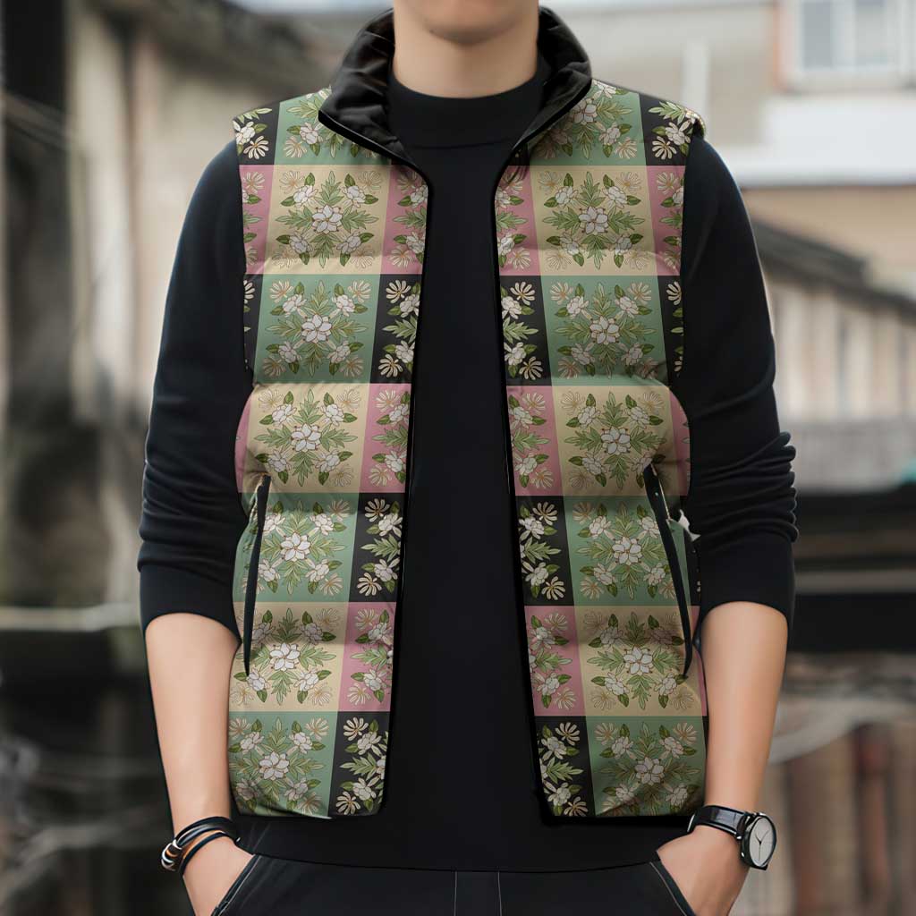 Seamless Pattern Maile and Pikake Lei Sleeveless Puffer Jacket Squares Maile Leaf - Polynesian Pride