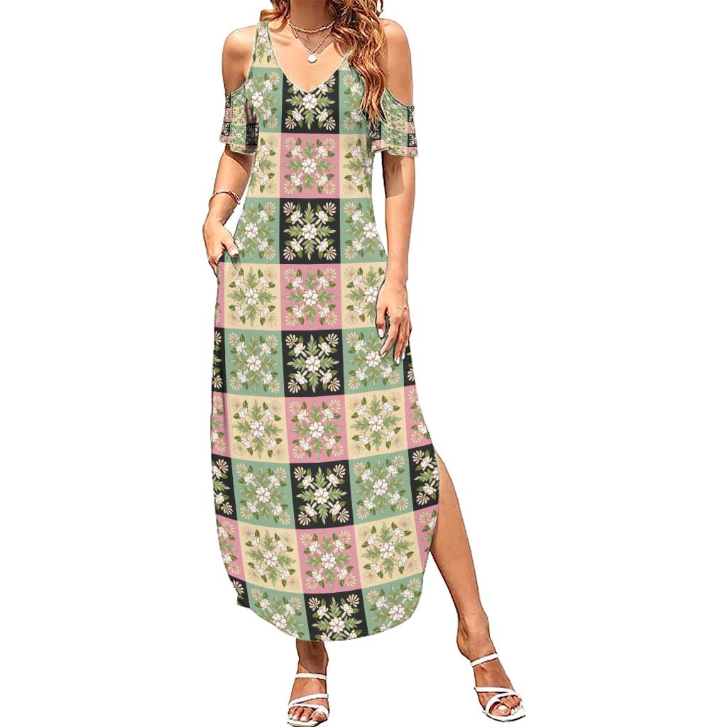 Seamless Pattern Maile and Pikake Lei Summer Maxi Dress Squares Maile Leaf - Polynesian Pride