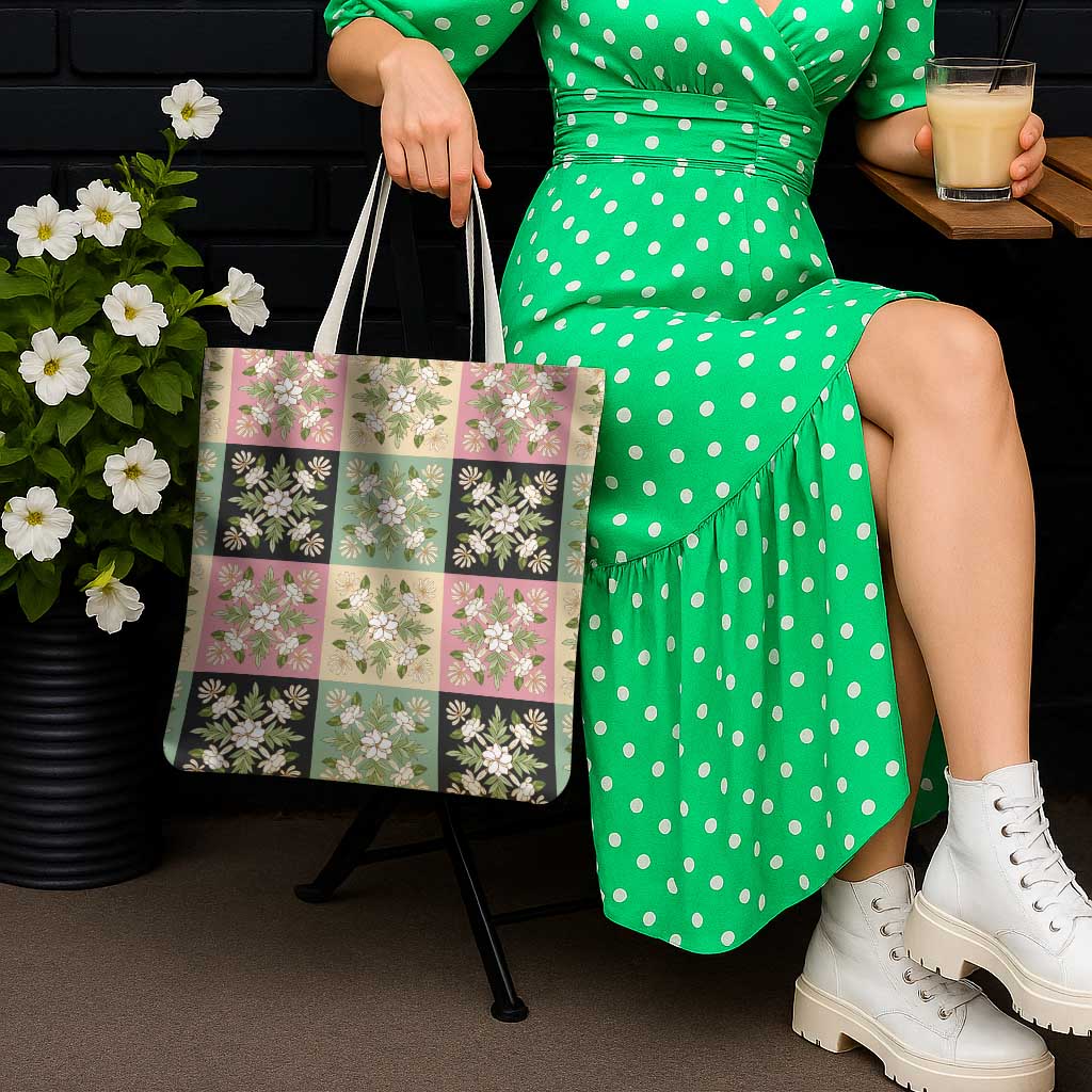Seamless Pattern Maile and Pikake Lei Tote Bag Squares Maile Leaf - Polynesian Pride