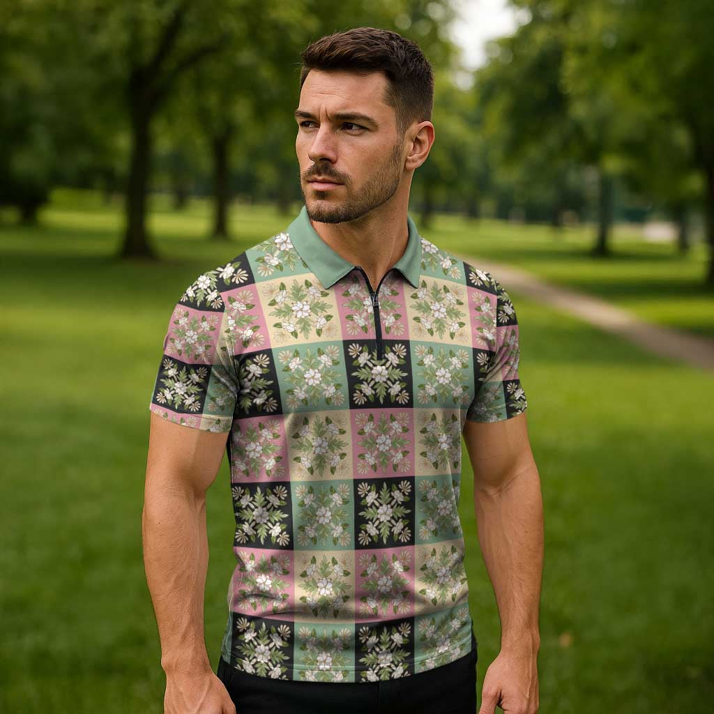 Seamless Pattern Maile and Pikake Lei Zipper Polo Shirt Squares Maile Leaf - Polynesian Pride