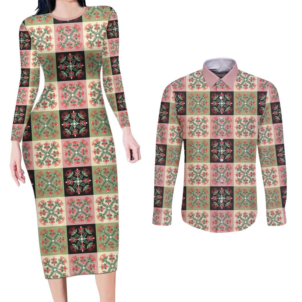Seamless Pattern Pikake Lei Couples Matching Long Sleeve Bodycon Dress and Long Sleeve Button Shirt Floral Squares Pikake LT9 Pink - Polynesian Pride