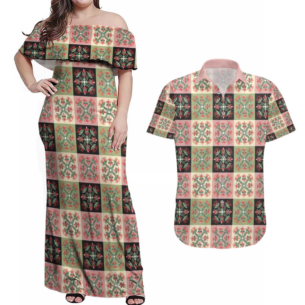 Seamless Pattern Pikake Lei Couples Matching Off Shoulder Maxi Dress and Hawaiian Shirt Floral Squares Pikake LT9 Pink - Polynesian Pride