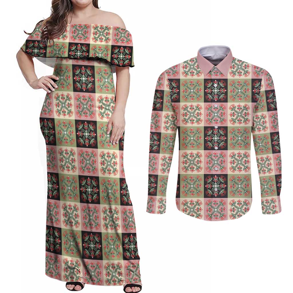 Seamless Pattern Pikake Lei Couples Matching Off Shoulder Maxi Dress and Long Sleeve Button Shirt Floral Squares Pikake LT9 Pink - Polynesian Pride