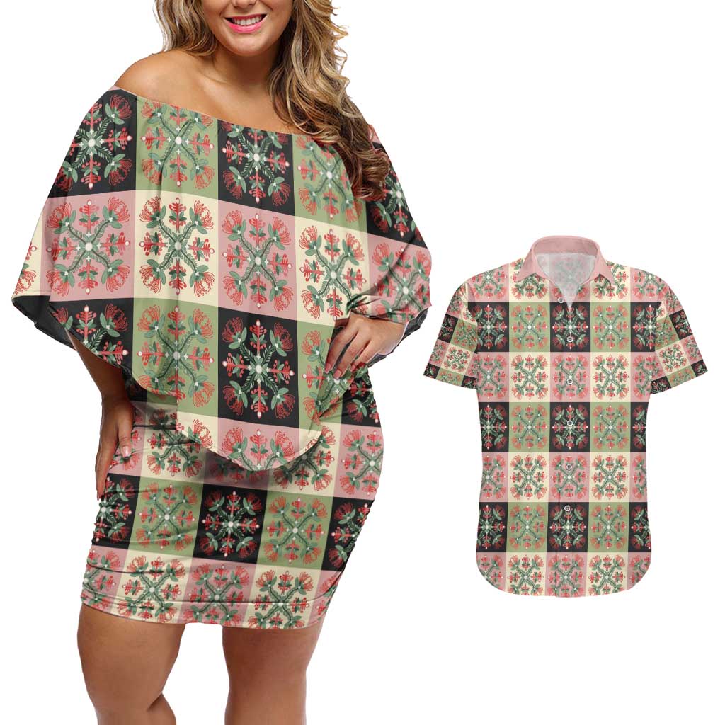 Seamless Pattern Pikake Lei Couples Matching Off Shoulder Short Dress and Hawaiian Shirt Floral Squares Pikake LT9 Pink - Polynesian Pride