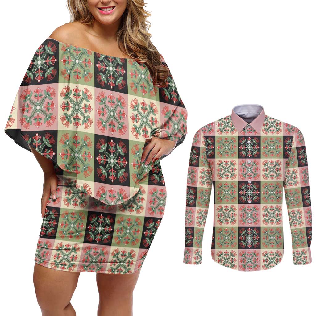 Seamless Pattern Pikake Lei Couples Matching Off Shoulder Short Dress and Long Sleeve Button Shirt Floral Squares Pikake LT9 Pink - Polynesian Pride