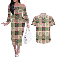 Seamless Pattern Pikake Lei Couples Matching Off The Shoulder Long Sleeve Dress and Hawaiian Shirt Floral Squares Pikake LT9 Pink - Polynesian Pride