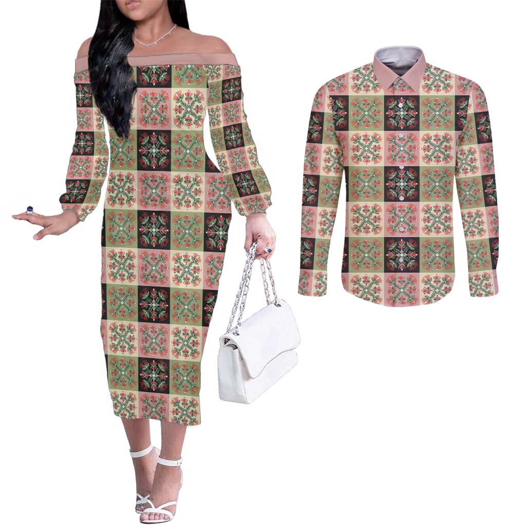 Seamless Pattern Pikake Lei Couples Matching Off The Shoulder Long Sleeve Dress and Long Sleeve Button Shirt Floral Squares Pikake LT9 Pink - Polynesian Pride