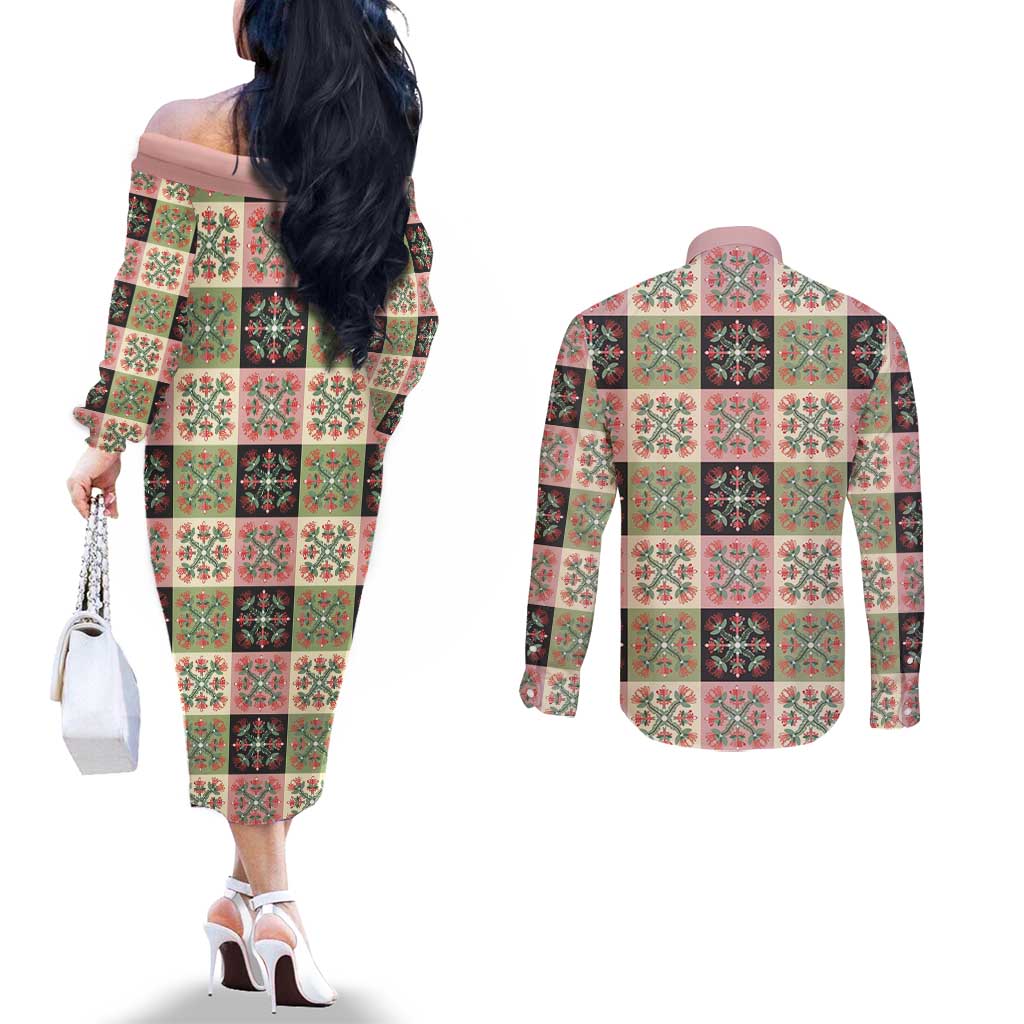 Seamless Pattern Pikake Lei Couples Matching Off The Shoulder Long Sleeve Dress and Long Sleeve Button Shirt Floral Squares Pikake - Polynesian Pride
