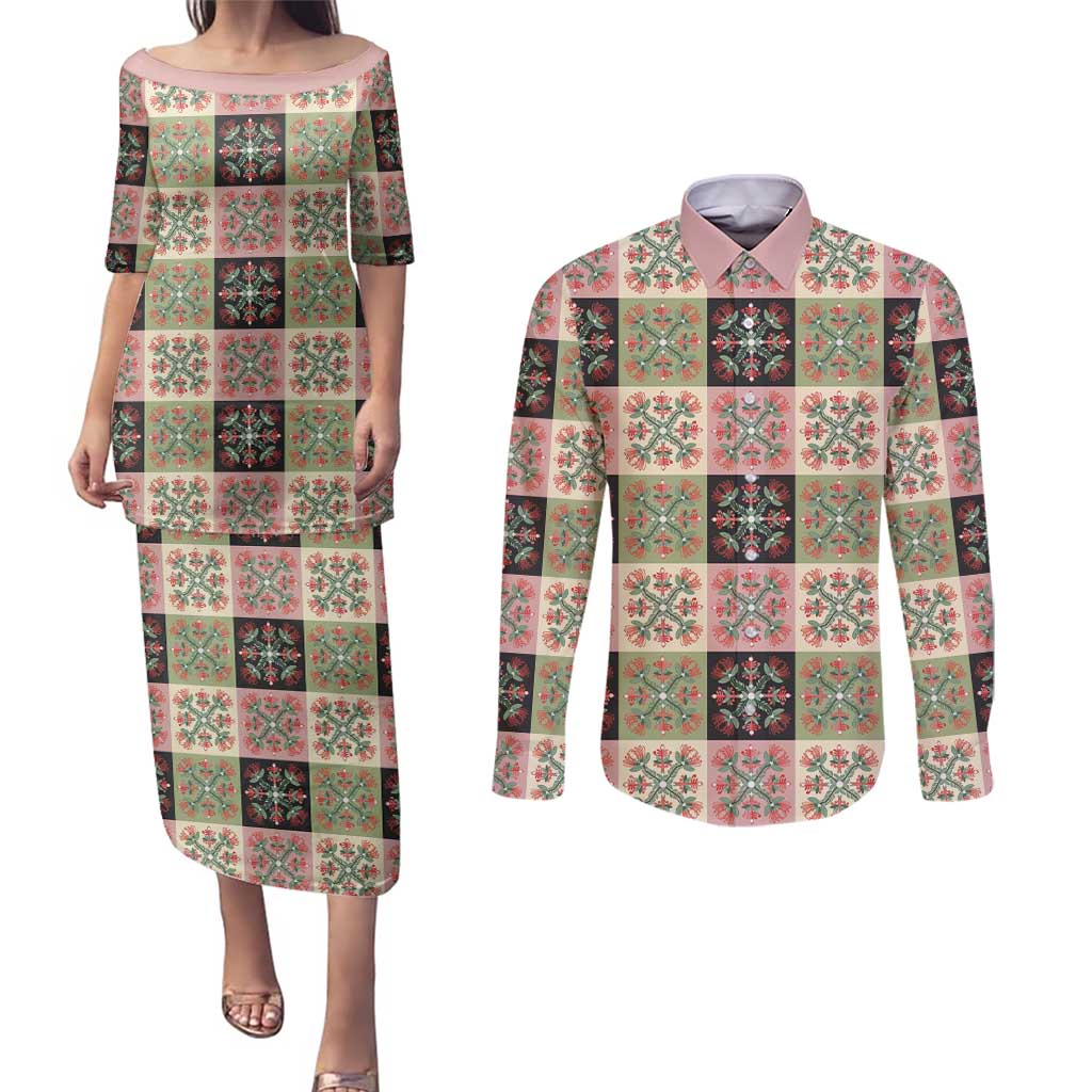 Seamless Pattern Pikake Lei Couples Matching Puletasi and Long Sleeve Button Shirt Floral Squares Pikake LT9 Pink - Polynesian Pride