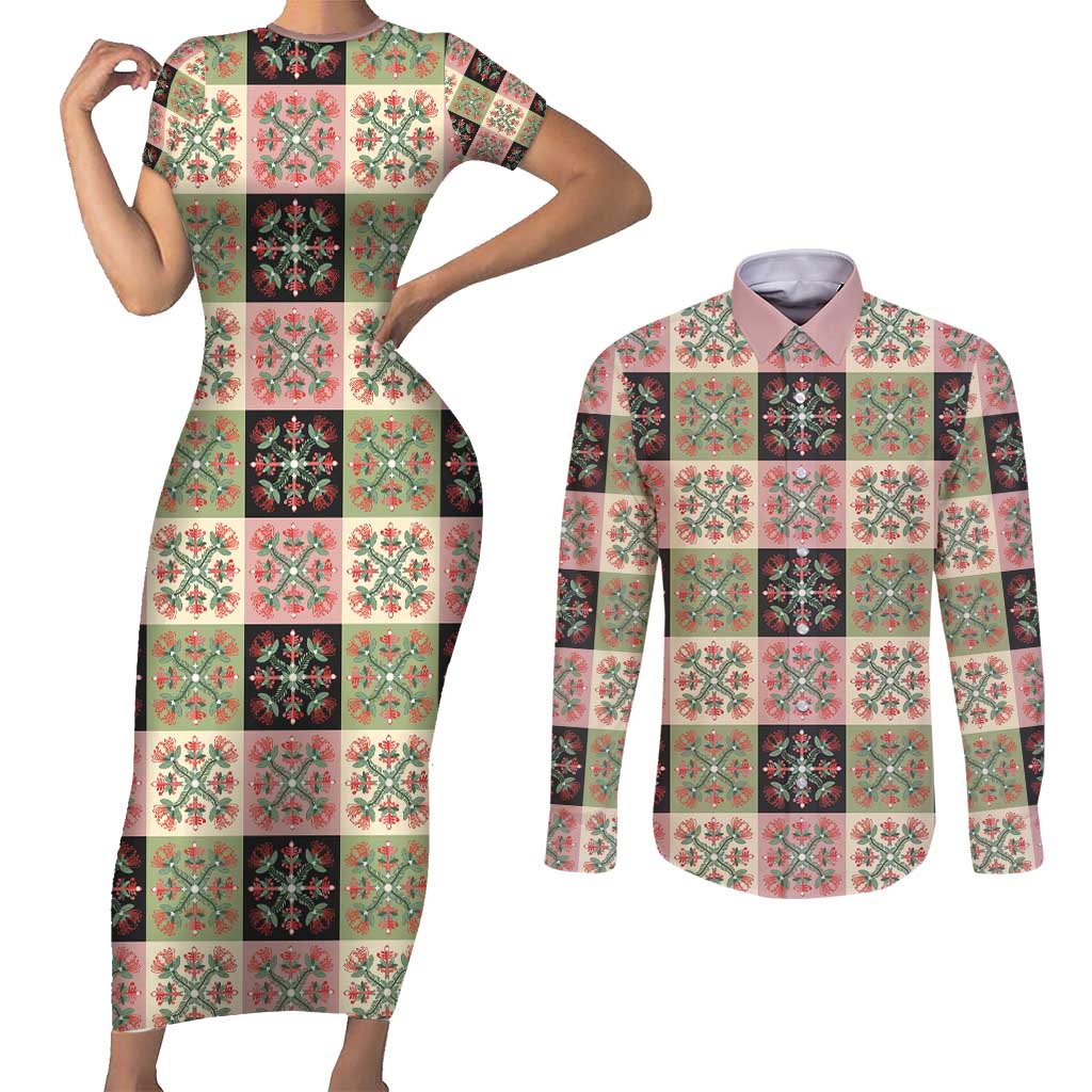 Seamless Pattern Pikake Lei Couples Matching Short Sleeve Bodycon Dress and Long Sleeve Button Shirt Floral Squares Pikake LT9 Pink - Polynesian Pride