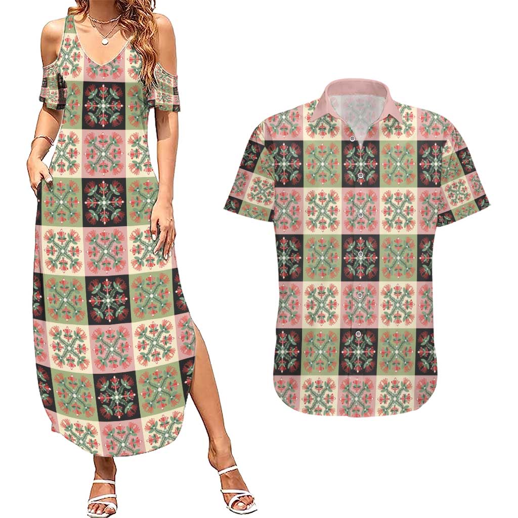 Seamless Pattern Pikake Lei Couples Matching Summer Maxi Dress and Hawaiian Shirt Floral Squares Pikake LT9 Pink - Polynesian Pride