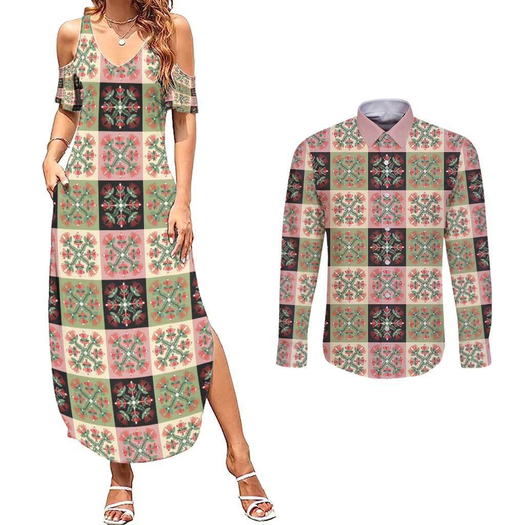 Seamless Pattern Pikake Lei Couples Matching Summer Maxi Dress and Long Sleeve Button Shirt Floral Squares Pikake LT9 Pink - Polynesian Pride