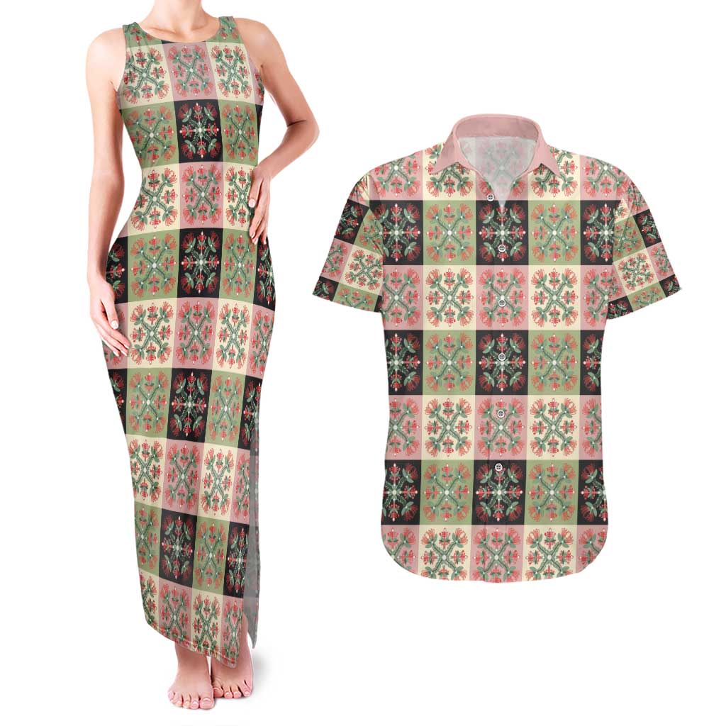 Seamless Pattern Pikake Lei Couples Matching Tank Maxi Dress and Hawaiian Shirt Floral Squares Pikake LT9 Pink - Polynesian Pride